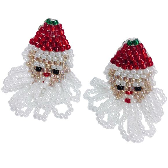 Vintage Beaded Santa Clip On Earrings Christmas Handmade Holiday Jolly Jewelry - Picture 1 of 10